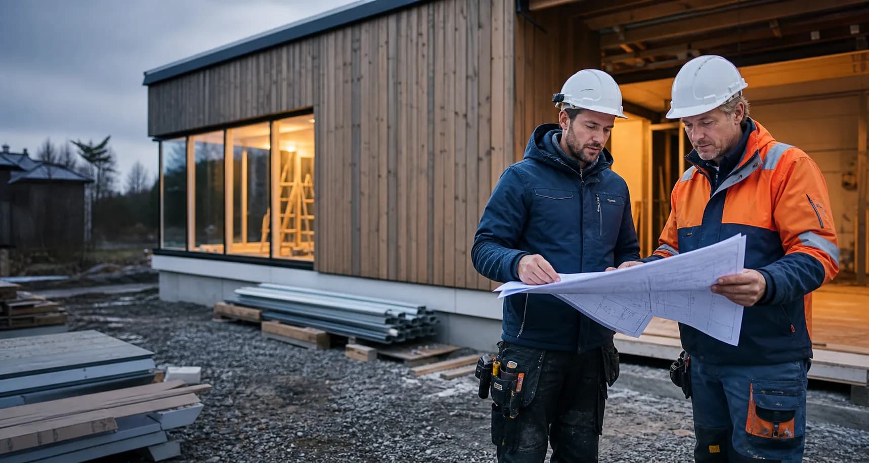 To profesjonelle byggfagfolk planlegger rehabilitering av en norsk bolig